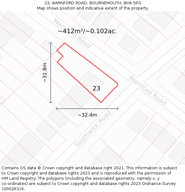 23, WARNFORD ROAD, BOURNEMOUTH, BH6 5PG: Plot and title map