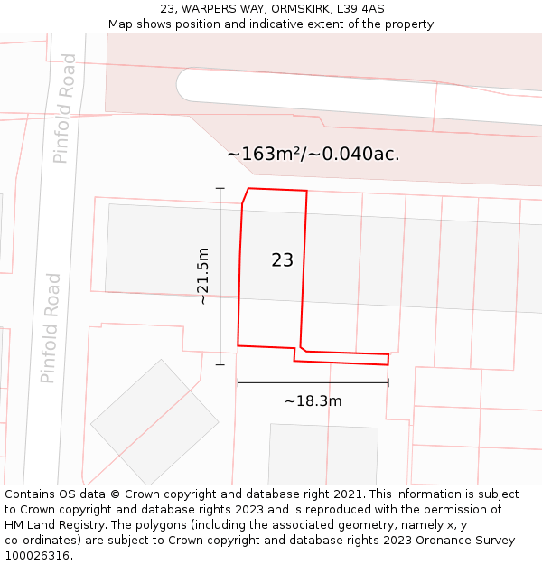 23, WARPERS WAY, ORMSKIRK, L39 4AS: Plot and title map