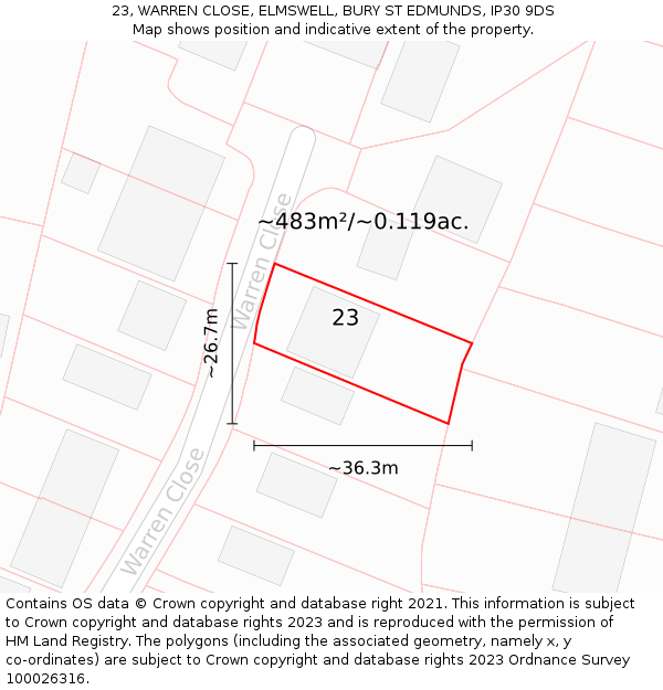 23, WARREN CLOSE, ELMSWELL, BURY ST EDMUNDS, IP30 9DS: Plot and title map