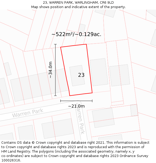 23, WARREN PARK, WARLINGHAM, CR6 9LD: Plot and title map