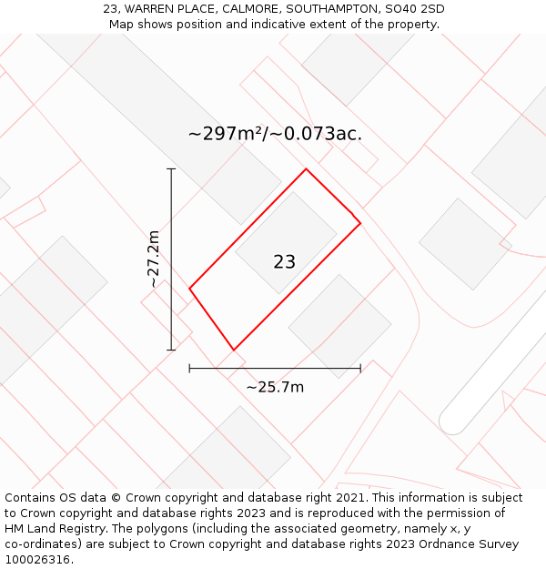 23, WARREN PLACE, CALMORE, SOUTHAMPTON, SO40 2SD: Plot and title map