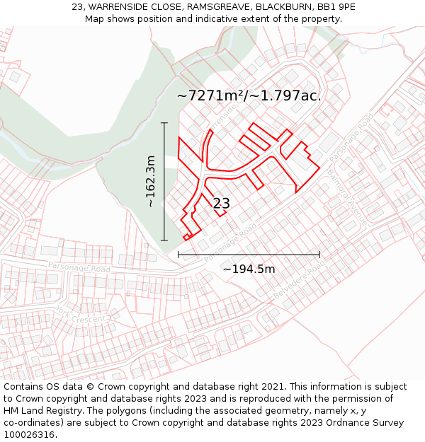 23, WARRENSIDE CLOSE, RAMSGREAVE, BLACKBURN, BB1 9PE: Plot and title map
