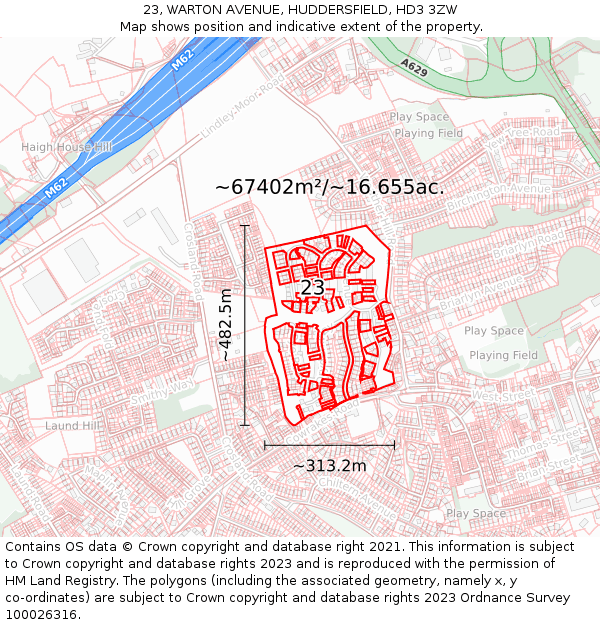 23, WARTON AVENUE, HUDDERSFIELD, HD3 3ZW: Plot and title map