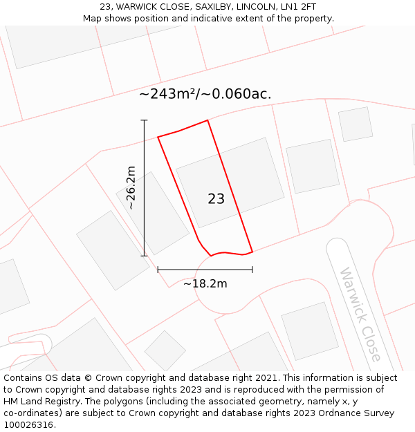 23, WARWICK CLOSE, SAXILBY, LINCOLN, LN1 2FT: Plot and title map