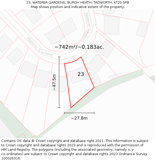 23, WATERER GARDENS, BURGH HEATH, TADWORTH, KT20 5PB: Plot and title map