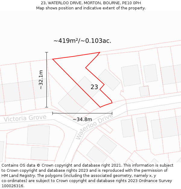 23, WATERLOO DRIVE, MORTON, BOURNE, PE10 0PH: Plot and title map