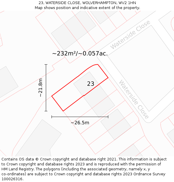 23, WATERSIDE CLOSE, WOLVERHAMPTON, WV2 1HN: Plot and title map