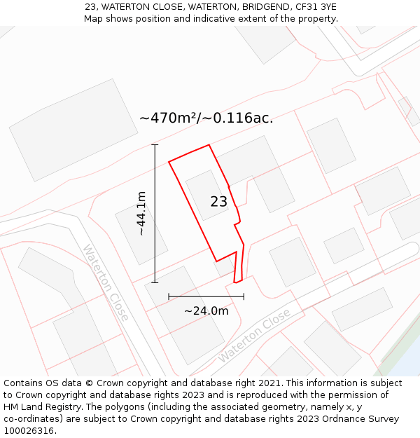 23, WATERTON CLOSE, WATERTON, BRIDGEND, CF31 3YE: Plot and title map