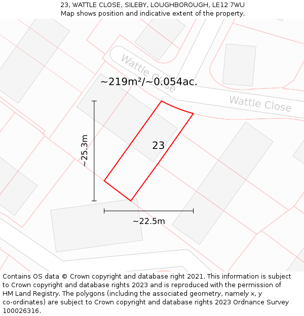 23, WATTLE CLOSE, SILEBY, LOUGHBOROUGH, LE12 7WU: Plot and title map