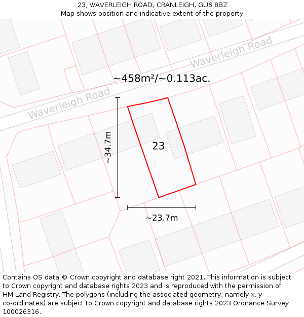 23, WAVERLEIGH ROAD, CRANLEIGH, GU6 8BZ: Plot and title map