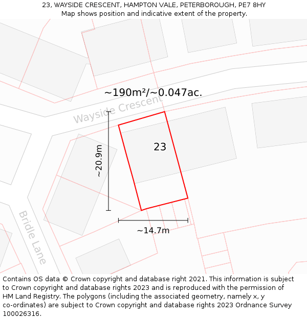 23, WAYSIDE CRESCENT, HAMPTON VALE, PETERBOROUGH, PE7 8HY: Plot and title map
