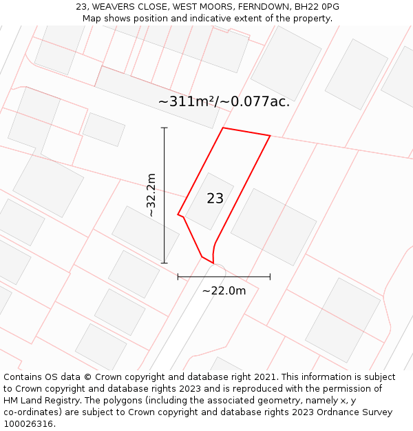 23, WEAVERS CLOSE, WEST MOORS, FERNDOWN, BH22 0PG: Plot and title map