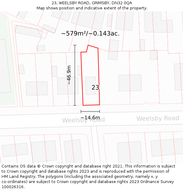 23, WEELSBY ROAD, GRIMSBY, DN32 0QA: Plot and title map