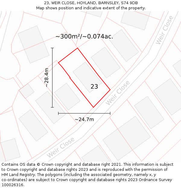 23, WEIR CLOSE, HOYLAND, BARNSLEY, S74 9DB: Plot and title map