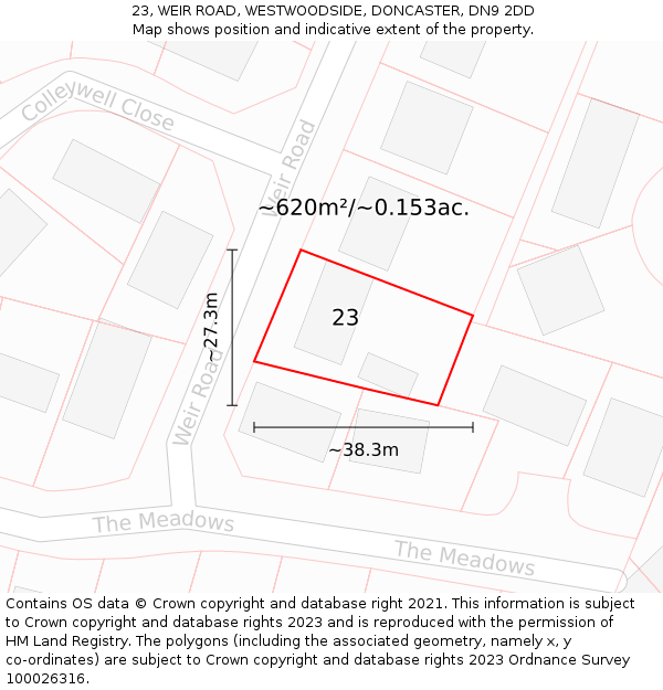 23, WEIR ROAD, WESTWOODSIDE, DONCASTER, DN9 2DD: Plot and title map