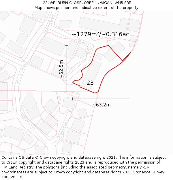 23, WELBURN CLOSE, ORRELL, WIGAN, WN5 8RF: Plot and title map