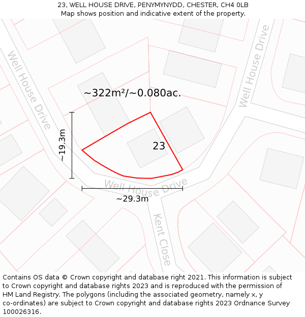 23, WELL HOUSE DRIVE, PENYMYNYDD, CHESTER, CH4 0LB: Plot and title map