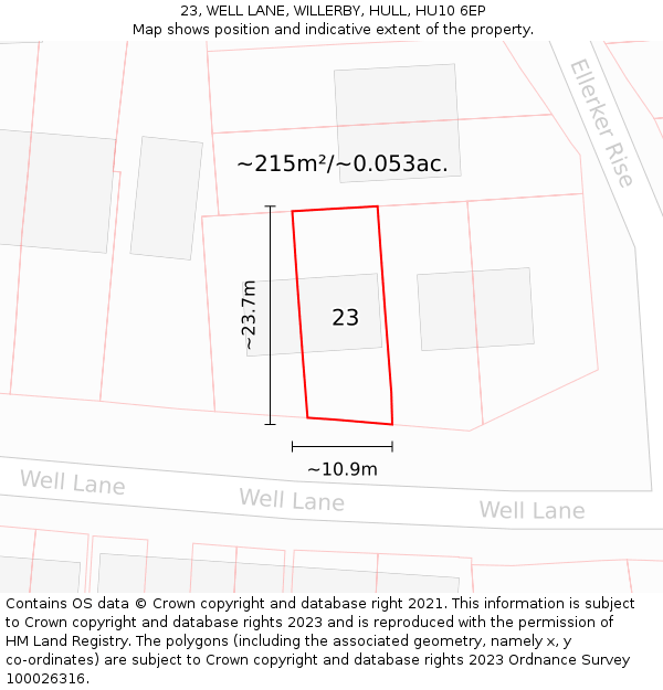 23, WELL LANE, WILLERBY, HULL, HU10 6EP: Plot and title map