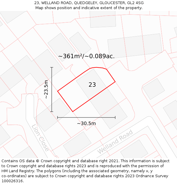 23, WELLAND ROAD, QUEDGELEY, GLOUCESTER, GL2 4SG: Plot and title map
