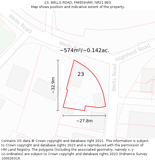 23, WELLS ROAD, FAKENHAM, NR21 9EG: Plot and title map