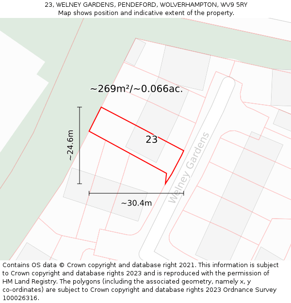 23, WELNEY GARDENS, PENDEFORD, WOLVERHAMPTON, WV9 5RY: Plot and title map