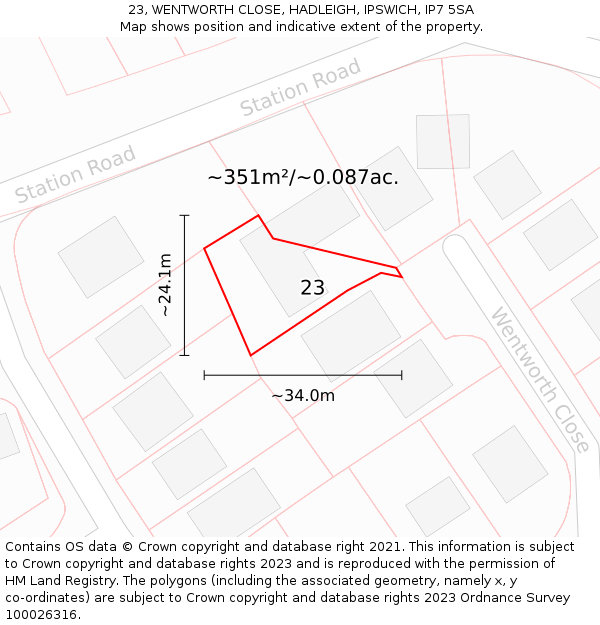 23, WENTWORTH CLOSE, HADLEIGH, IPSWICH, IP7 5SA: Plot and title map