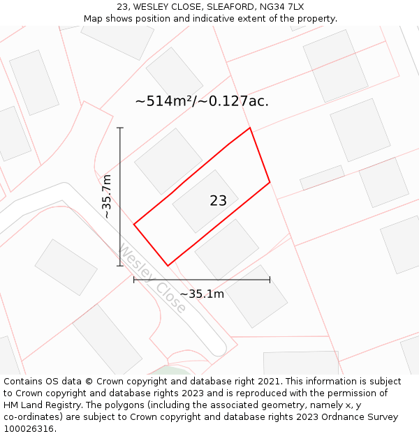 23, WESLEY CLOSE, SLEAFORD, NG34 7LX: Plot and title map