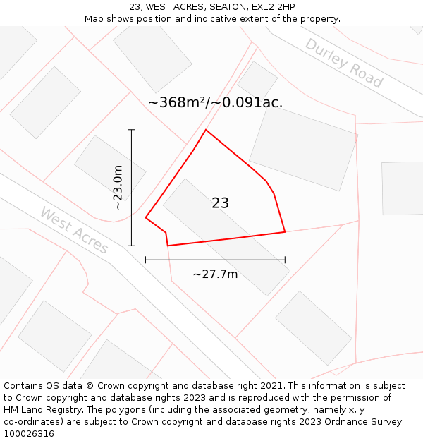 23, WEST ACRES, SEATON, EX12 2HP: Plot and title map