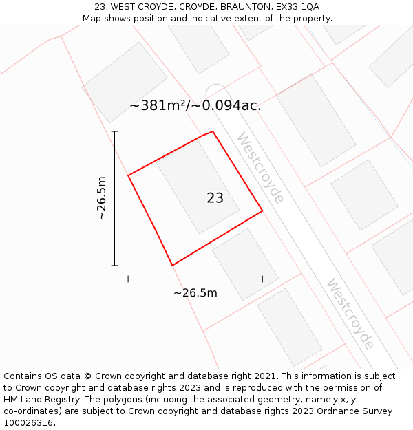 23, WEST CROYDE, CROYDE, BRAUNTON, EX33 1QA: Plot and title map