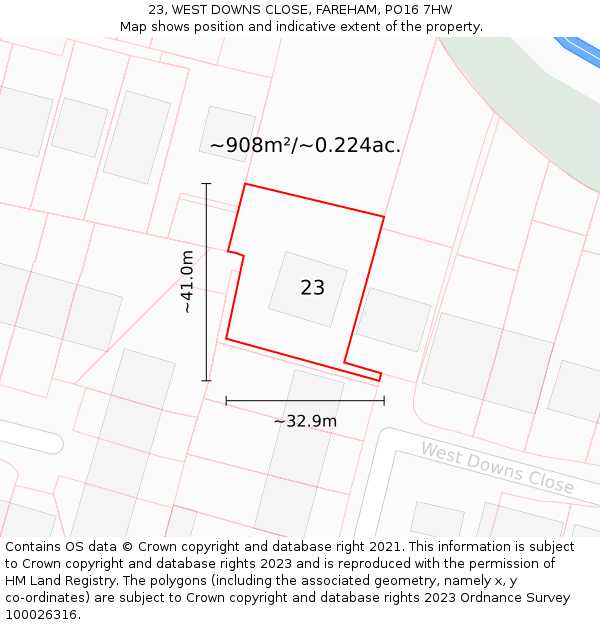 23, WEST DOWNS CLOSE, FAREHAM, PO16 7HW: Plot and title map