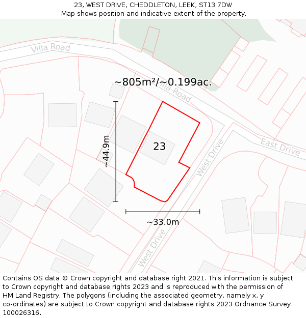 23, WEST DRIVE, CHEDDLETON, LEEK, ST13 7DW: Plot and title map