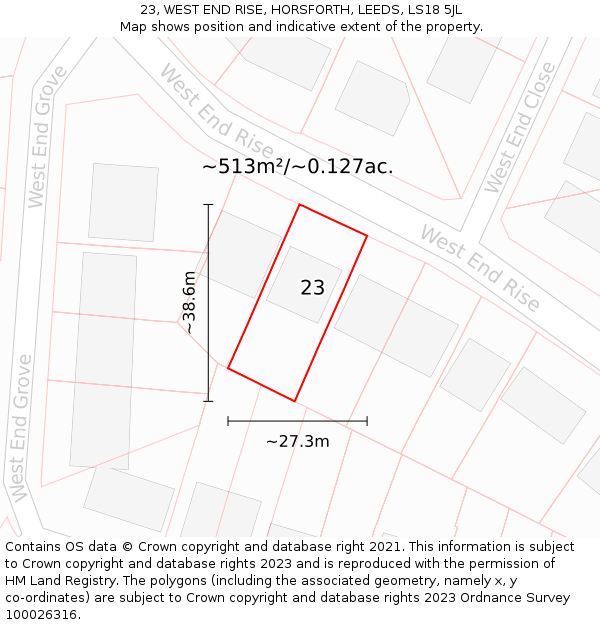 23, WEST END RISE, HORSFORTH, LEEDS, LS18 5JL: Plot and title map