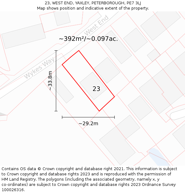 23, WEST END, YAXLEY, PETERBOROUGH, PE7 3LJ: Plot and title map