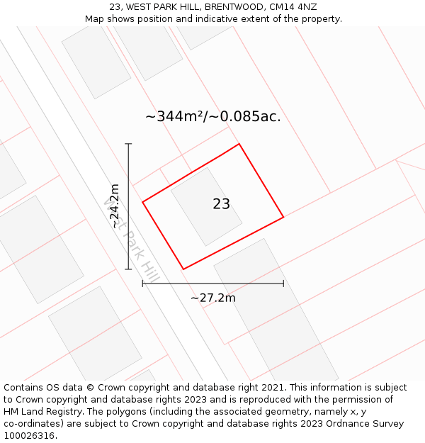 23, WEST PARK HILL, BRENTWOOD, CM14 4NZ: Plot and title map