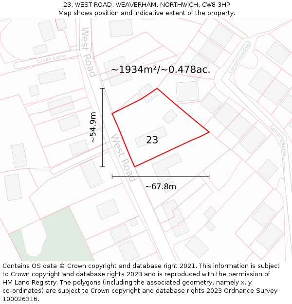 23, WEST ROAD, WEAVERHAM, NORTHWICH, CW8 3HP: Plot and title map