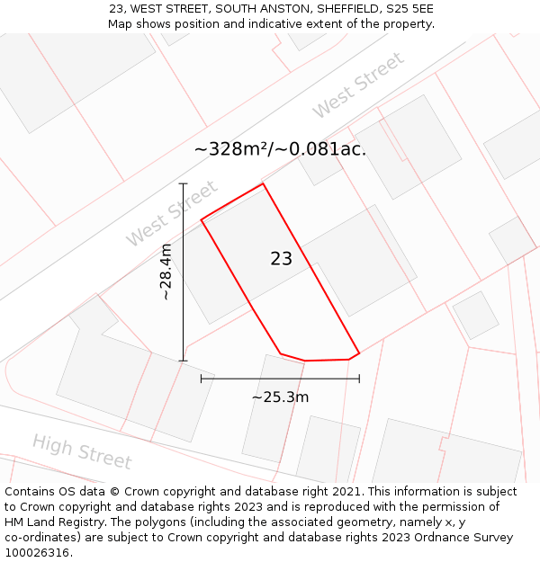 23, WEST STREET, SOUTH ANSTON, SHEFFIELD, S25 5EE: Plot and title map