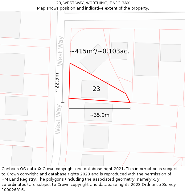 23, WEST WAY, WORTHING, BN13 3AX: Plot and title map