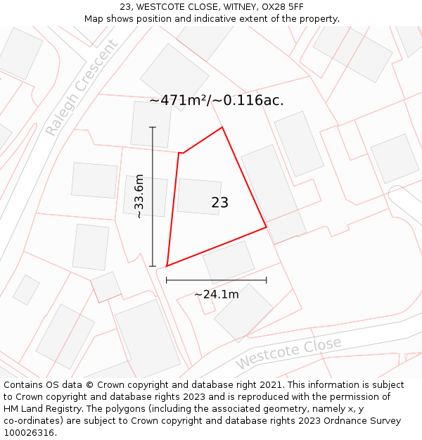 23, WESTCOTE CLOSE, WITNEY, OX28 5FF: Plot and title map