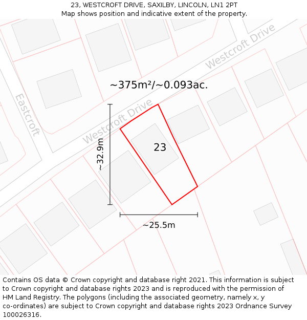 23, WESTCROFT DRIVE, SAXILBY, LINCOLN, LN1 2PT: Plot and title map