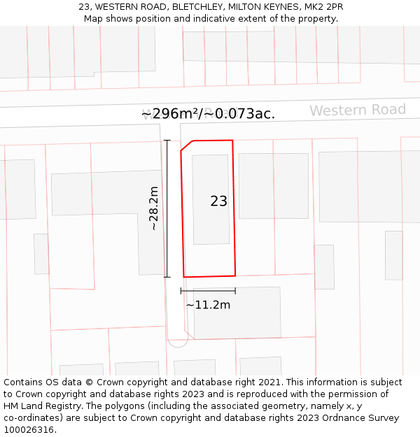23, WESTERN ROAD, BLETCHLEY, MILTON KEYNES, MK2 2PR: Plot and title map