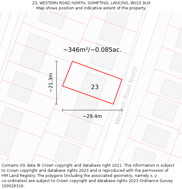 23, WESTERN ROAD NORTH, SOMPTING, LANCING, BN15 9UX: Plot and title map