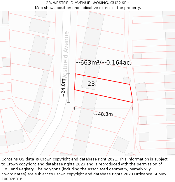 23, WESTFIELD AVENUE, WOKING, GU22 9PH: Plot and title map