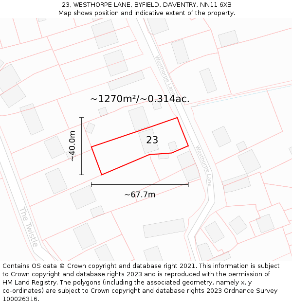23, WESTHORPE LANE, BYFIELD, DAVENTRY, NN11 6XB: Plot and title map