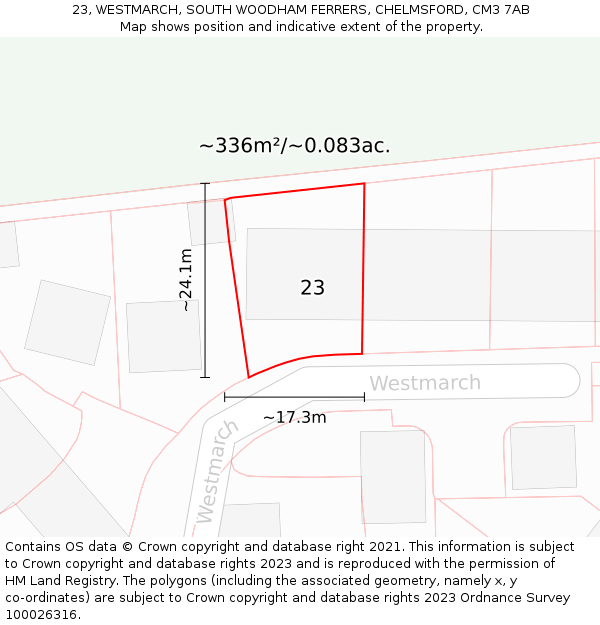 23, WESTMARCH, SOUTH WOODHAM FERRERS, CHELMSFORD, CM3 7AB: Plot and title map