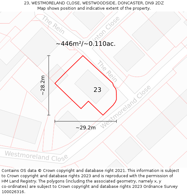 23, WESTMORELAND CLOSE, WESTWOODSIDE, DONCASTER, DN9 2DZ: Plot and title map
