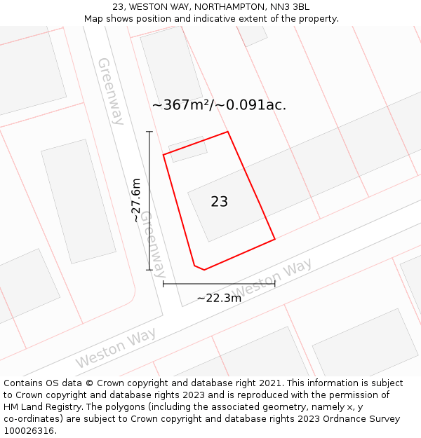 23, WESTON WAY, NORTHAMPTON, NN3 3BL: Plot and title map