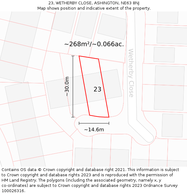 23, WETHERBY CLOSE, ASHINGTON, NE63 8NJ: Plot and title map