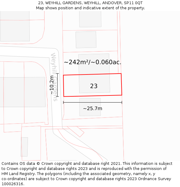 23, WEYHILL GARDENS, WEYHILL, ANDOVER, SP11 0QT: Plot and title map