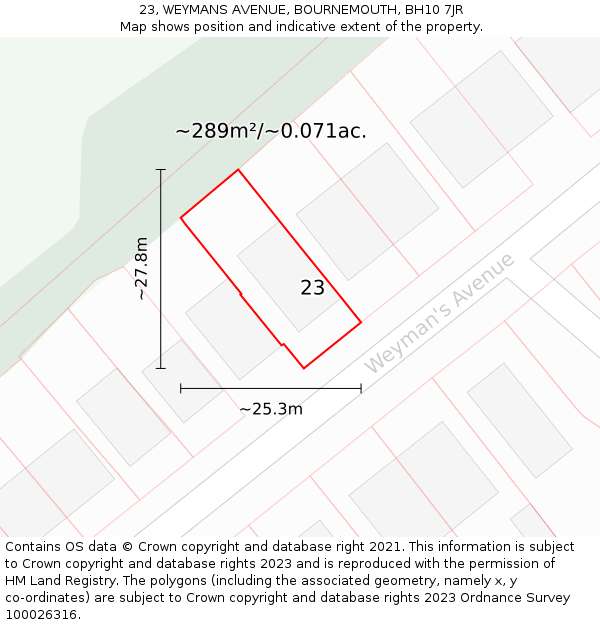 23, WEYMANS AVENUE, BOURNEMOUTH, BH10 7JR: Plot and title map