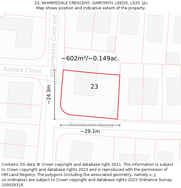 23, WHARFEDALE CRESCENT, GARFORTH, LEEDS, LS25 1JU: Plot and title map